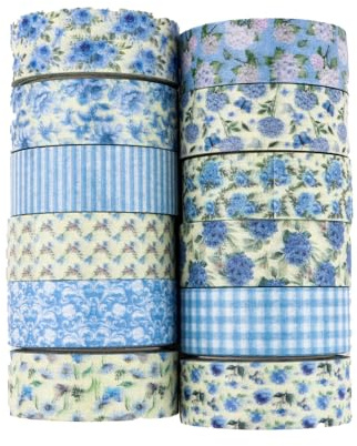 Exipsat 12 Rollen Blau Hortensie Washi Tape Set, Dekoratives Masking Tape für DIY Kunst, Handwerk, Scrapbooking, Planer und Verpackung