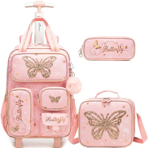 HTgroce 3pcs School Backpack with Wheels Trolley for Girls Primary School, A-pink Butterfly, 42cm x 30cm x 20cm, Butterfly