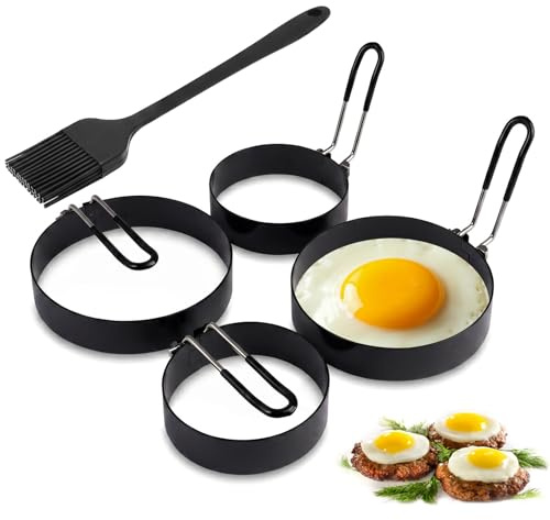 4 Piezas Anillos de Huevo Antiadherentes de Acero,Moldes Para Huevos Fritos,con un Cepillo,para Freír Huevos,Panqueques,Empanadas,Tortillas,Fácil de limpiar (Negro,7.5CM,10CM)