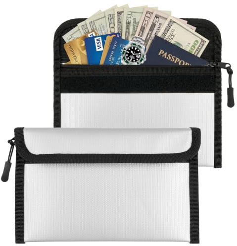 2 Pack Fireproof Bag Fireproof Document Bag Fire Proof Money Bag for Cash | Fireproof Cash Bag Small Fire Proof Pouch with Zipper Hook & Loop Closure for Cash Valuables Passport Jewelry, 23X14cm Silver