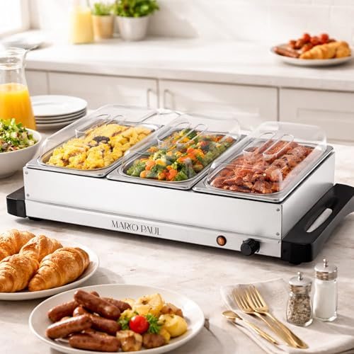 Garden Mile 3-Pan Stainless Steel Electric Buffet Server Food Warmer - 300W Hot Plate with Adjustable Heat, Buffet Warmer Trays, 3 x 2.36L Pans, Electric Food Warmer Buffet Server for Parties, UK Plug