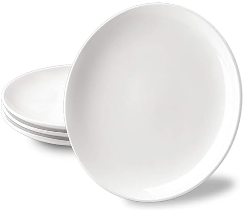 DELLING 10 inch White Dinner Plates Set, Porcelain Dessert/Salad Plate, Serving Dishes, Dinnerware Sets, Scratch Resistant, Lead-Free, Microwave, Oven, and Dishwasher Safe - Set of 4