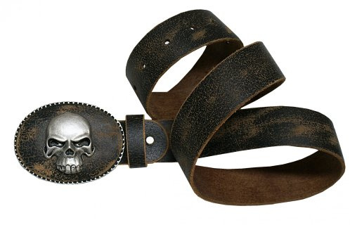 Gürtel Trachtengürtel Trachten-Lederhose Jeans Biker Ledergürtel Leder braun Antik-Patina Leder Damen Herren Schnalle echt versilbert Totenkopf Skull