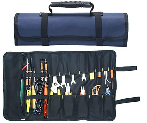 Bärbar verktygsväska BE-TOOL 22 fickor 600D Oxford kanvas verktyg upprullningsbar väska stor tygväska organisatör, enkel förvaring och bärbar bäst för hantverk hantverkare reparatörer blå