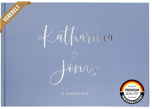DeinWeddingshop Deluxe Hochzeitsgästebuch | Gästebuch zur Hochzeit personalisiert | Veredelung in Gold, Rosé-Gold, Silber oder Kupfer | A4 quer | Taubenblau, Inhalt blanko - weiße Seiten