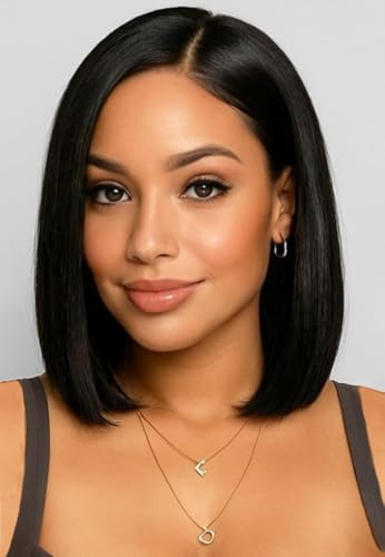 PORSMEER Damen Lace Front Perücken Afro Schwarz Kurz Bob Perucke Glatt Mittelscheitel Glueless Black Wigs für Frauen für Alltag Cosplay Kostüm Party Karneval