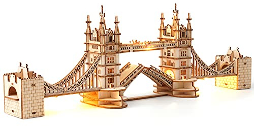 ROBOTIME 3D Puzzle Wooden Craft Kits with LED Light DIY Tower Bridge Construction Model Kit to Build for Teens Brain Teaser Puzzle Home Decor Birthday Gifts