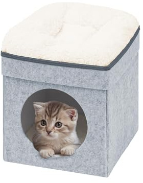B FSOBEIIALEO Cat House Cube Small Dog Cubes For Indoor Cats Folding Cat Ottoman, Cat Cave, Stackable Cat Condo For Kitten, With Removable Soft Sleeping Bed, Felt And Engineered Wood 12.6(Light Grey)