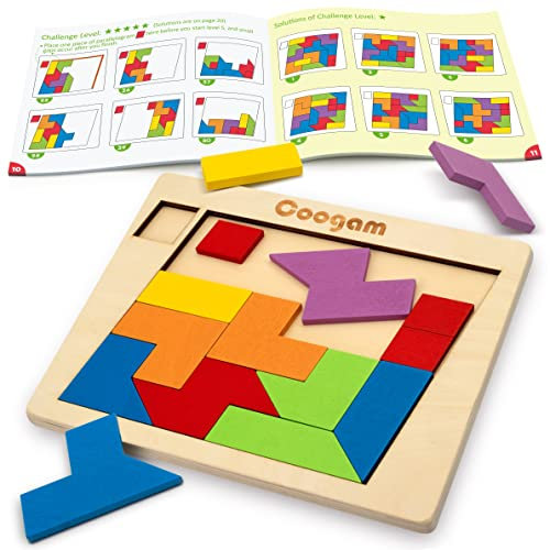 Coogam Holz-Puzzle-Blöcke, geometrisches Tangram-Gehirn-Teasers, Puzzle, 3D-Logik-IQ-Spiel, buntes Formmuster, Montessori-STEM