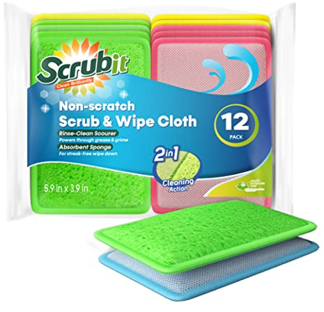 SCRUBIT - [12 Pack] Scrub and Wipe Cleaning Pads – Dual Sided Scouring Pad and Dish Sponge -Reusable Kitchen Sponge for Pots, Pans Utensils & Non-Stick Cookware - Assorted Color Dishwashing sponges