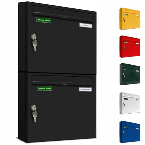 AL Briefkastensysteme Basic 2er Briefkasten RAL 9005 Tief Schwarz 2 Fach DIN A4 wetterfest Briefkastenanlage mit Posthaltebügel und 2 Namensschildern