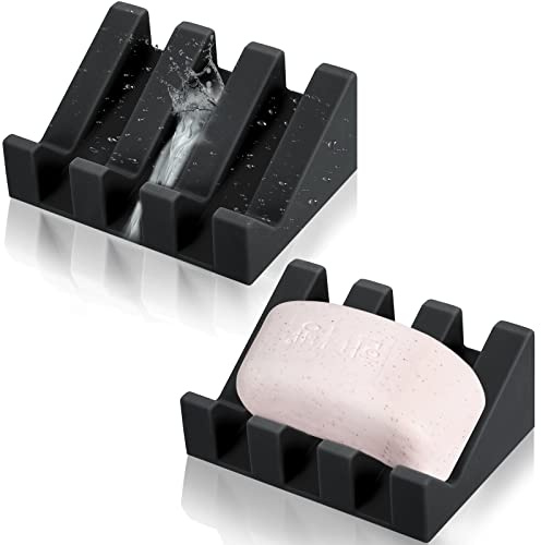 Cunhill 2 Pieces Silicone Soap Dish Self Draining Soap Dish Shower Waterfall Bar Soap Holder Tray with Drain Soap Saver for Kitchen Bathroom Accessories (Black)