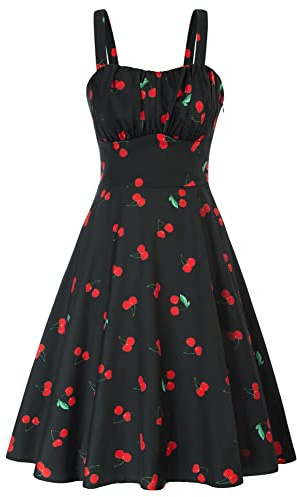 Belle Poque Vintage Tea Party Dresses for Women Sleeveless Ruched Front A-Line Sundresses Midi Length Cherries 380-04 XXL