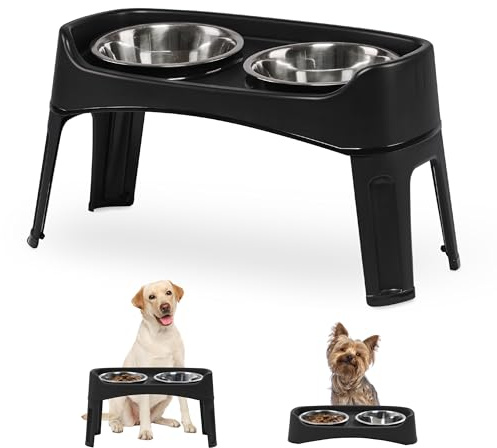 Iris Ohyama, Gamelle pour Chien, Support Gamelle Chien Surelevee, Double Bol INOX, Lot de 2, Hauteur Réglable, Anti Eclaboussure, Pliable, Digestion Fluide, pour Chat, Croquette, Eau, PEF-L, Noir