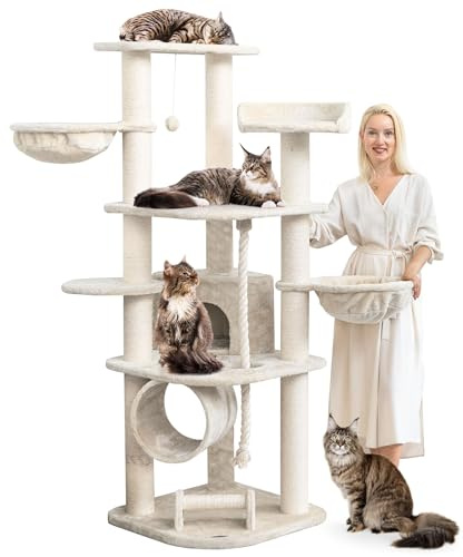 HAPPYPET Großer Kratzbaum Stabil 'Parker' 171 cm - 11 cm Stämme, Haus & Spieltunnel, Große Liegemulden, Kratzrolle, Kletterbaum XXL Katzenbaum für Katzen, Creme