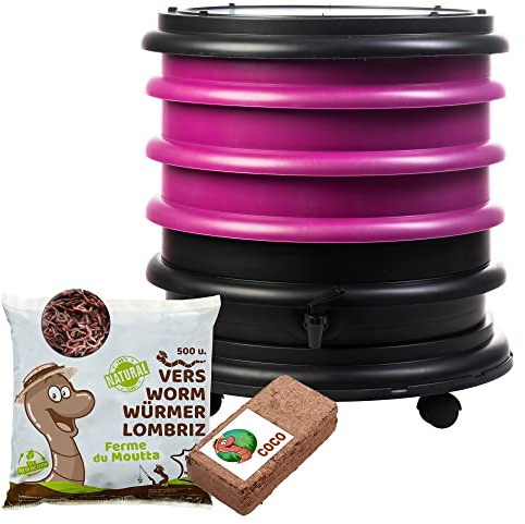 WORMbox | Lombricomposteur 3 Plateaux Framboise + 250gr de vers de Compost + 1 Bloc Coco | 48 litres | Compostez Vos déchets organiques, Les vers de Terre/lombrics produisent du lombricompost
