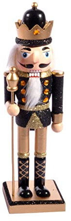 Ciao Christmas Nutcracker Toy Soldier King with Scepter (24cm) Wooden Glittery Decoration, Black/Gold