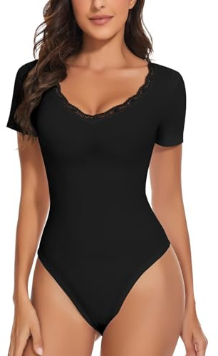 WOWENY Body Donna Manica Corta Pizzo Elegante Scollo a V Sexy T-Shirt Bodysuit Top per Donna