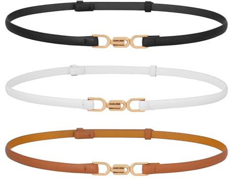 WERFORU 3 stycken läder mager kvinnor bälte mode damer tunt läder midjebälte för klänningar med guldspänne, Svart + brun + vit, 105cm/Für Taillengröße unter 95cm
