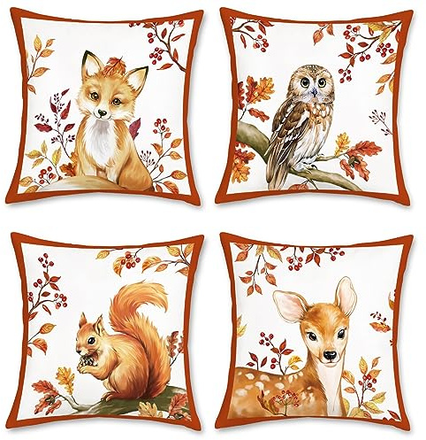 Bonhause Housse de Coussin Animaux d’Automne 45 x 45 cm Renard Hibou Écureuil Cerf Velours Doux Décoratif Taie d'oreiller pour Canapé Salon Chambre Enfants Maison Décoration 4 Pièces