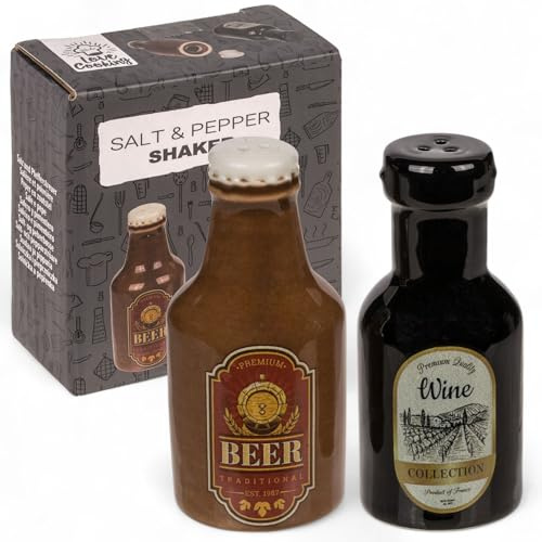 MIJOMA Salz- & Pfefferstreuer Set - Stilvolles Porzellandesign, Lebensmittelecht, Einfach zu Befüllen - Verschiedene lustige & niedliche Designs zur Auswahl (Bier & Wein, 2-teilig)