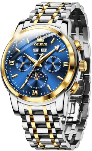 OUPINKE Herrenuhr Automatik Mechanische Armbanduhr mit Mondphase Wasserdicht Luminous Tag Datum Zweifarbige Edelstahlarmband