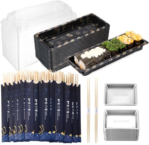 Sbirdbao Disposable Dinnerware Set for 50pcs Sushi Trays Containers with Lids 8.6 x 3.6 Inch Disposable Sushi Take Out Boxes, 50 Pairs Japanese Bamboo Chopsticks, 100pcs Soy Sauce Dishes