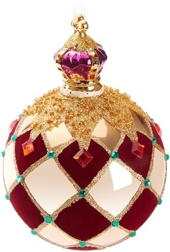 BRUBAKER Julgranskula Royal King - Kunglig Julgranskula Guld Röd - Rutig med Sammet, Glitter och Krona - 14 cm Stor Glas Julgranskula med Porslinsfigur