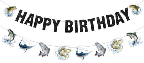 Cheereveal Fish Happy Birthday Banner, Gone Fishing Bunting Garland, Freshwater Pond Outdoor Salt Birthday Party Decoration, Fishing Competition Retirement Barbecue Party Supplies