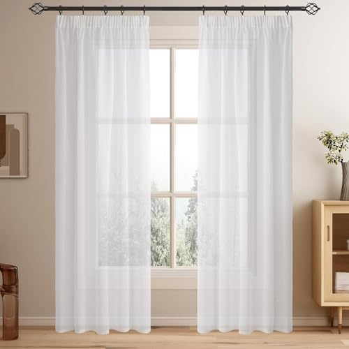 Softalker Gardinen mit Kräuselband Vorhänge Weiß Transparent in Leinen-Optik Voile Vorhang Durchsichtig Gardine schal 240 cm Hoch für Schlafzimmer Fenster Vorhang 140 cm Breit, 2er Set
