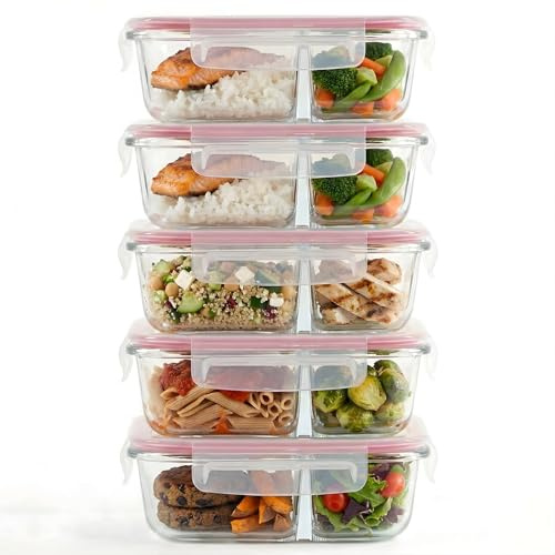 Winter Shore Boites Alimentaires Hermétiques en Verre à 2 Compartiments (Lot de 5) - Meal Prep Verre Sans BPA, Étanches & Hermétiques - Adaptées au Micro-ondes, Congélateur & Lave-vaisselle