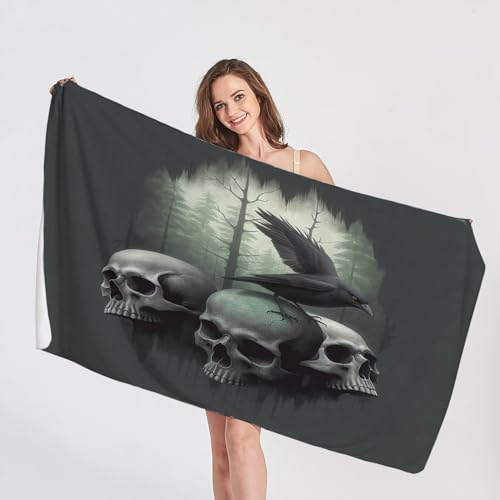 QEODAH Strandtuch Totenkopf Krähe - Badetuch Gothic Raben - Schnelltrocknend & Ultraleicht & Sandfreie Strandhandtuch, Weich Mikrofaser Handtücher, badehandtuch groß 150x200, Pflegeleicht Handtuch