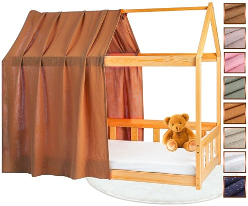Lovely Hippo Hausbett Himmel - 100% Baumwolle - Betthimmel Hausbett aus Musselin - Bett Vorhang Kinderbett - Himmelbett Vorhänge 90x200cm (Kakao/Gold, 120 x 370 cm (1er Set))