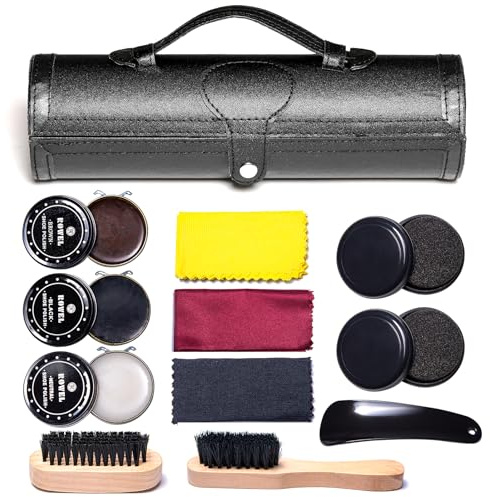 YUET Shoe Polish Kit Cleaning Shine Care Barrel Set For Brown Black Leather With Brush Travel Case Luxury Premium Soft Horsehair Bristle Dauber, Wooden Applicator, Shoehorn, Cloth 12 Piece (Black)