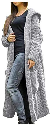Grobstrick-Cardigans für Damen – lange Strickjacken für Damen UK mit Kapuze, einfarbig, einreihig, Tasche, Kapuzenmantel, gerippt, langärmelig, warm, locker, lockerer Cardigan, Hemd mit Tasche, grau,