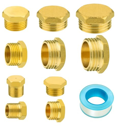 INNAL 11 Pcs Blindstopfen Wasserleitung,Blindstopfen 1/2 Zoll Außengewinde,1/4 1/8 3/4 3/8 Zoll,Messing Verschlusskappe,Messing Kappe Sechskant mit Dichtung für Wasserleitung,Wasserhähnen