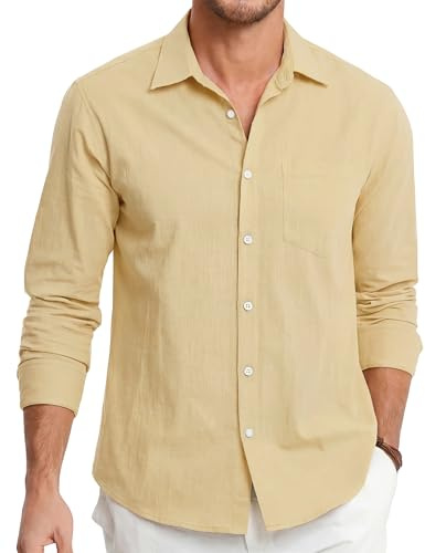 HISDERN Linneskjorta för män, långärmad skjorta, bomull, fritidsskjorta, linneskjorta, normal passform, affärsskjorta, sommarskjortor med ficka, Beige, S