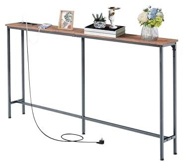GOKHOMX Table Console étroite avec Station de Charge, Table Console Fine Console Meuble Bois Console d'entrée étroite pour Salon Entrée Couloir (Marron Vintage, 160 X 20 X 80,5 cm)