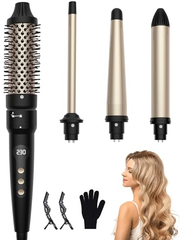 9/13-25/32/38mm Thermal Brush & Lockenstab Set, OKWRAP 4 in 1 Thermobürsten-Set, Thermobürste Mit Verschiedenen Aufsätzen, Multifunktionales Styling-Kit mit 100–230 ℃ (Schwarzes Gold)