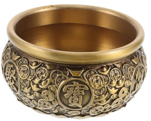 SKISUNO Vintage Brass Treasure Basin Feng Shui Money Bowl 7.5cm Diameter Chinese Fortune Bowl Prosperity Figurine Home Office Luck Decoration