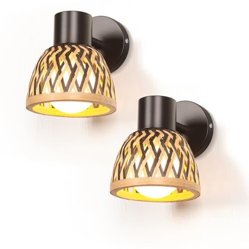 TOKIUS 2 Stücke Wandleuchten Innen E27 Retro Lampe aus Metall und Bambus Lampenschirm Vintage Wandspot Verstellbare Wandlampe für Schlafzimmer Wohnzimmer Esszimmer Flur (Typ-B, 13,5cm)