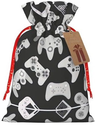HJLUUFT Jutebeutel mit Spiel-Controller-Druck, Weihnachts-Geschenktüte mit Kordelzug und Geschenkanhänger, für Hochzeit, Weihnachten, Party