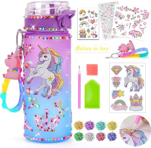 SaiXuan Einhorn Geschenke für Mädchen 4 5 6 7 8 9 10 11Jahre, Trinkflasche Mädchen, DIY Einhorn Trinkflaschen Set, Kreatives Bastelset für Mädchen mit Strassstickern, Diamond Painting Zubehör