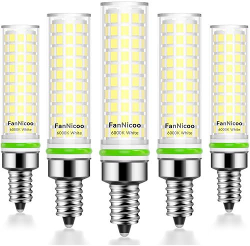 FanNicoo E12 LED Bulb 100w Equivalent 1200lm 6000K Led Candelabra Bulbs Cool Daylight White 10W T6 C7 Candle Light Bulbs for Ceiling Fan Pendant Lighting Salt Lamp Non-dimmable(5Pack)