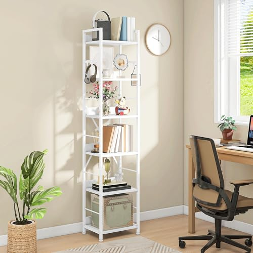 DWVO 6-stöckiges Bücherregal, Hohes Lagerregal mit Stahlrahmen, Industrielles Bücherregal mit 4 Haken, Standregal, Präsentationsständer, Für Wohnzimmer, Schlafzimmer, Weiß Regal