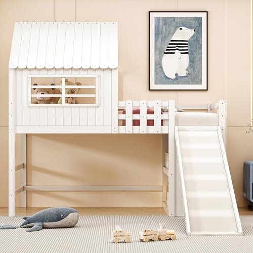 Luxeza Cama infantil de 90 x 200 cm, diseño de ático con escalera de seguridad y tobogán de seguridad, varios pisos, cama multifunción, cama individual de madera maciza, cama alta (blanco)