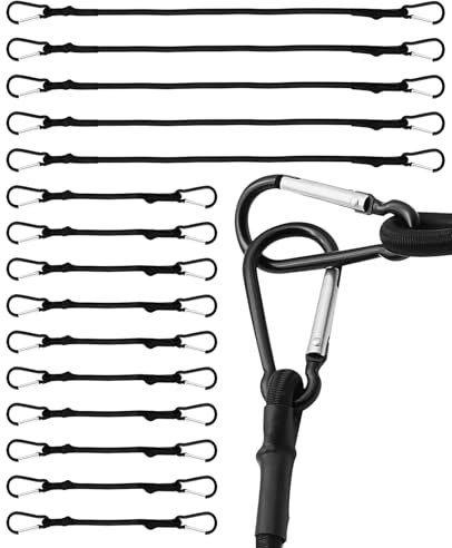 SEESUNO 15Pcs Bungee Cords with Carabiner Clips, 30cm 70cm Bungee Cord with Hooks for Car Boot, Camping Gear, Bike Racks (Black)