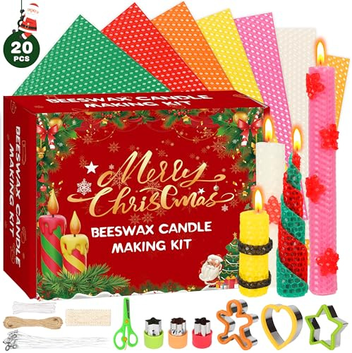 MOMOSTAR 20PCS Cera de abeja, 20 x 20cm Cera de abeja para velas, Kit para hacer velas de Navidad, Cera de abejas con mecha, Regalos de Navidad para Adultos Niños