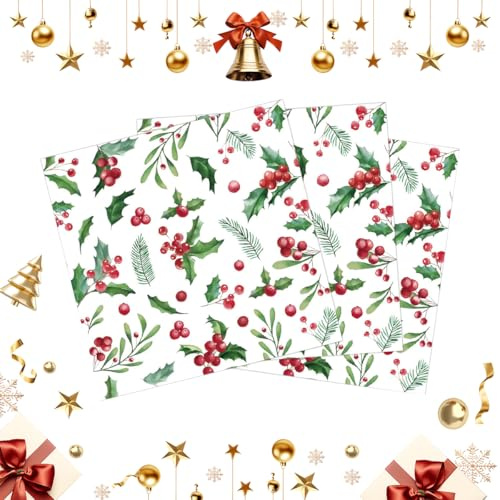 50 Stück Servietten Weihnachten 33 x 33 cm, Weihnachts Servietten, Weihnachtsheublatt und Beeren im Winter als Tischdeko, Papierservietten mit Motiv, Weihnachtsdeko für Decoupage und Serviettentechnik