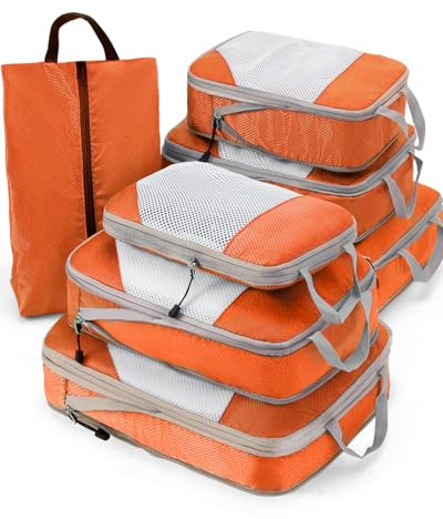 Meowoo Kompressionspaket med 7 set, ripstop-nät reseorganiserare för bagage, multifunktionella ultralätta expanderbara packkuber för resväska, handbagage, resor, ryggsäck, orange